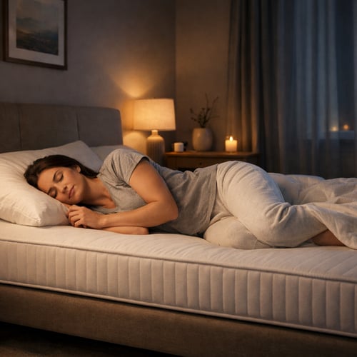 Woman sleeping peacefully on her side on a supportive mattress, in a softly lit bedroom – best mattress for back pain.