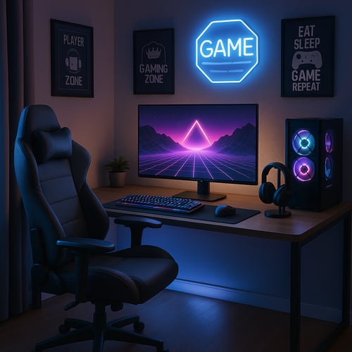 A neon-lit gaming room with a modern best gaming desk, curved monitor showing a retro-futuristic scene, RGB-lit PC case, gaming chair and headset – ideal for immersive play.