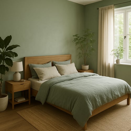 A stylish bedroom with sage green walls, wooden furniture and earthy decor, offering nature-inspired bedroom colours ideas for a tranquil space.