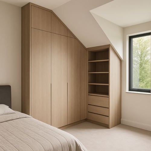 Custom built-in wardrobe with wood finish and open shelving under sloped ceiling