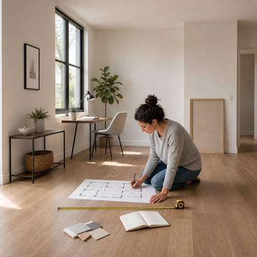 Woman planning room layout on the floor with measurements and samples – practical furniture checklist for new home setup and organisation.