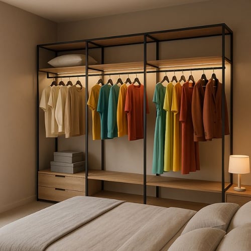 Colorful open wardrobe in modern bedroom