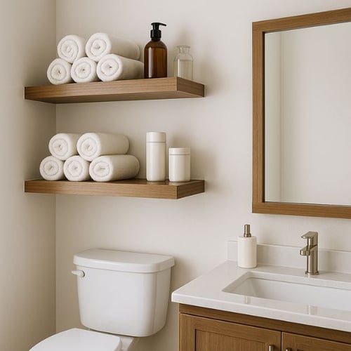 Two floating shelves above toilet holding rolled towels and bottles in a modern bathroom.