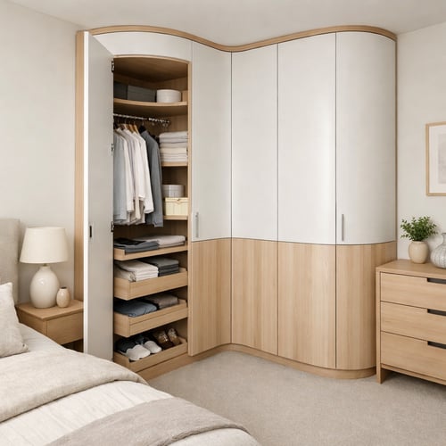 Corner wardrobe for small rooms, combining white and light wood finish, partially open to reveal hanging clothes and drawers.