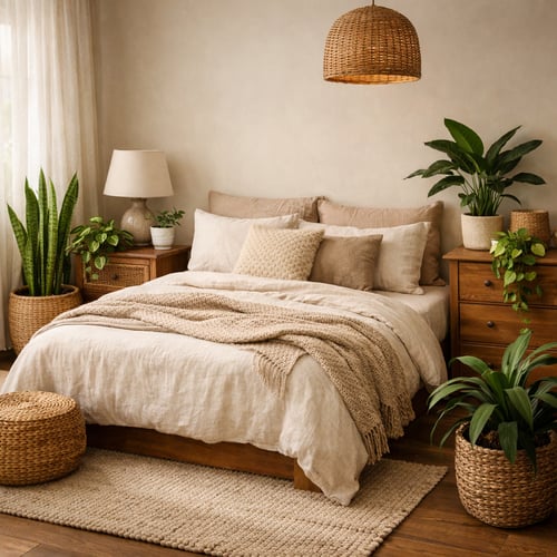 Nature-inspired bedroom decor idea with wooden furniture, lush green houseplants, neutral linen bedding and a woven rug for a calming earthy vibe.
