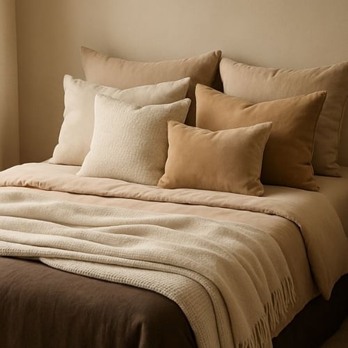  Cozy beige bedroom with layered pillows and throw