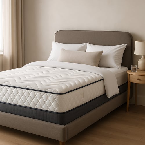 Minimalist bedroom with a premium double bed featuring a thick quilted mattress, soft white bedding, and neutral decor – a stylish example of the best mattress for modern comfort.