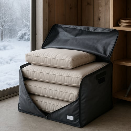 Stacked outdoor cushions stored neatly in a zipped protective bag indoors during winter - smart seasonal solution for how to store outdoor cushions safely.