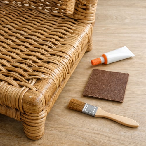 Close-up of a damaged rattan chair seat with repair tools beside it, including a brush, glue, and sandpaper, illustrating how to repair rattan furniture at home.