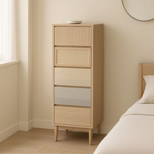 Tall wood chest of drawers with mixed front designs in a neutral-toned bedroom