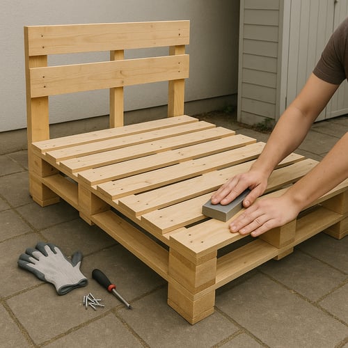Hands sanding down a freshly built patio pallet furniture frame on a tiled surface, with gloves, screws and screwdriver nearby – a DIY approach to outdoor seating.