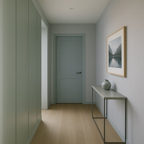 Modern hallway idea with sage green accents, a slim metal console table, ceramic vase and a framed mountain landscape for a peaceful, contemporary vibe.