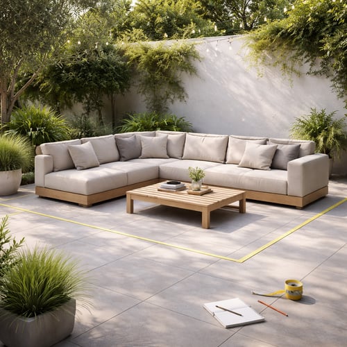 Spacious L-shaped outdoor couch with beige cushions and wooden base, arranged around a low coffee table on a modern patio – an ideal setup for the best outdoor couch for entertaining.