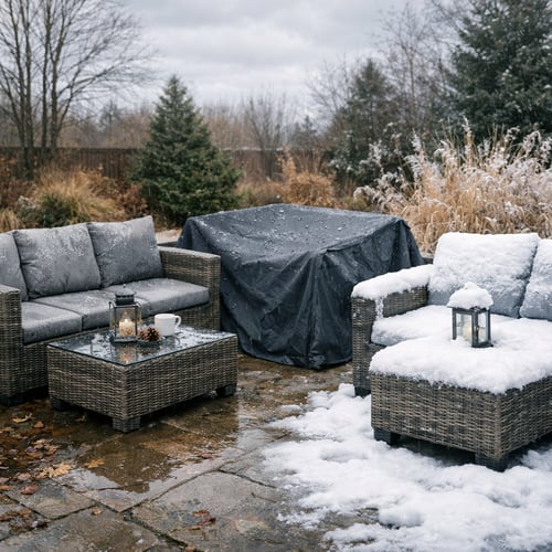 Outdoor rattan furniture exposed to snow and rain in winter garden setting, demonstrating what happens without proper care – how to clean rattan furniture and protect it from weather damage.