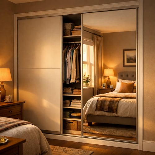 Elegant bedroom with sliding wardrobe featuring mirrored doors, open section displaying hanging clothes and storage, representing space-saving benefits in the sliding wardrobes vs hinged comparison.