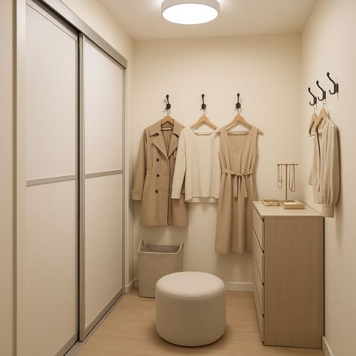 Minimalist dressing room with beige tones, featuring wall hooks, a small dresser, and soft lighting