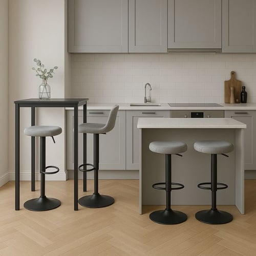 Bar and counter tables contrasted with dining table height using stools