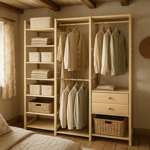 Open wooden wardrobe system with hanging rails, woven baskets and folded clothes – smart wardrobe storage ideas for natural, cosy interiors.