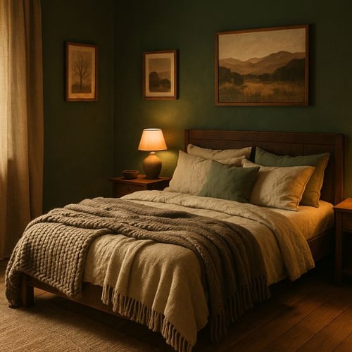 Rustic Green Bedroom with Cozy Layered Bedding