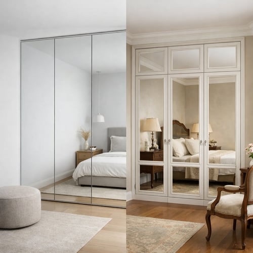 Side-by-side view of two bedrooms, one with sleek floor-to-ceiling mirrored wardrobes and the other with classic cream wardrobes featuring mirrored panels, both adding elegance and depth to the room.