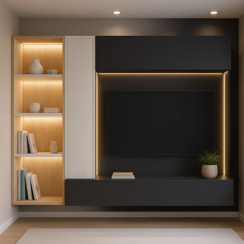 Contemporary media wall idea with matte black finish, integrated lighting, wooden shelving, and clean geometric lines