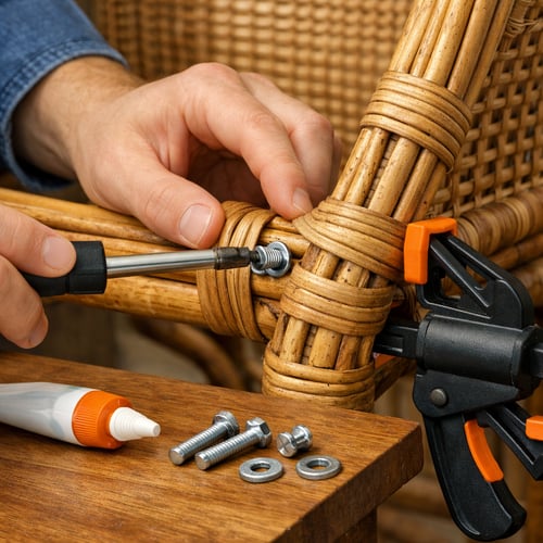 Person tightening a loose joint on a rattan chair using a screwdriver, bolts and clamps, showing a step-by-step method for how to repair rattan furniture securely.