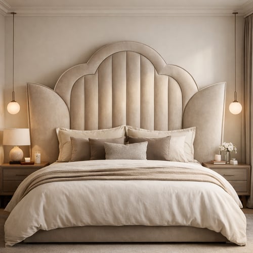 Elegant bedroom with a sculptural, petal-shaped velvet headboard in soft beige tones, highlighting bedroom trends 2026 with an emphasis on statement furniture and tactile luxury.