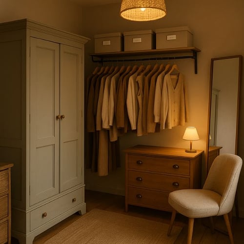 Cozy vintage-inspired dressing room with warm lighting, wooden furniture, and coordinated beige clothing