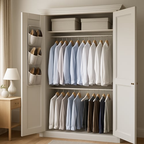 White wardrobe with neatly hung shirts, storage boxes and a door-mounted shoe organiser – perfect wardrobe storage ideas for a minimalist bedroom.