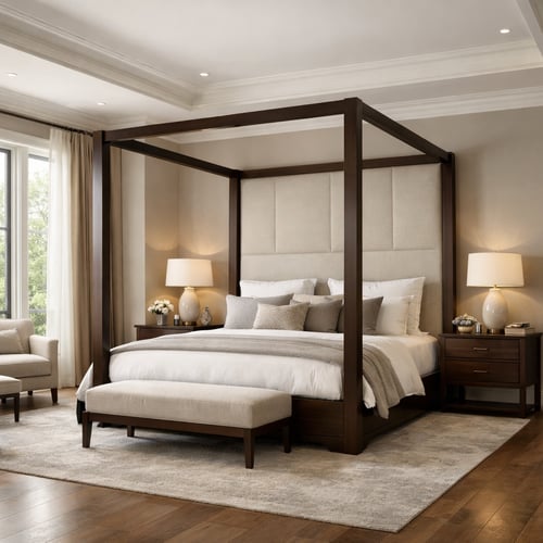 Luxury four-poster wooden bed frame in a spacious UK bedroom with neutral tones, upholstered headboard and matching bench, perfect for stylish comfort seekers looking for premium bed frames UK.