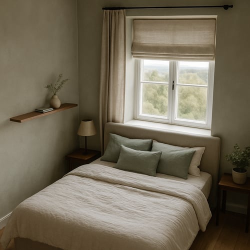Simple and serene bedroom layout with a soft-upholstered bed placed under a wide window, offering a calming view of greenery - a peaceful take on bed under window ideas.