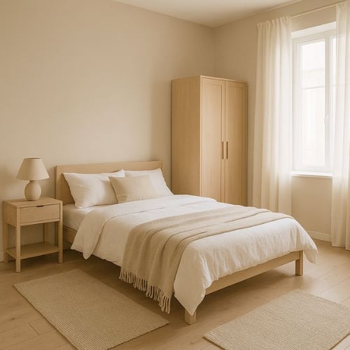 Minimalist beige bedroom with light wood furniture