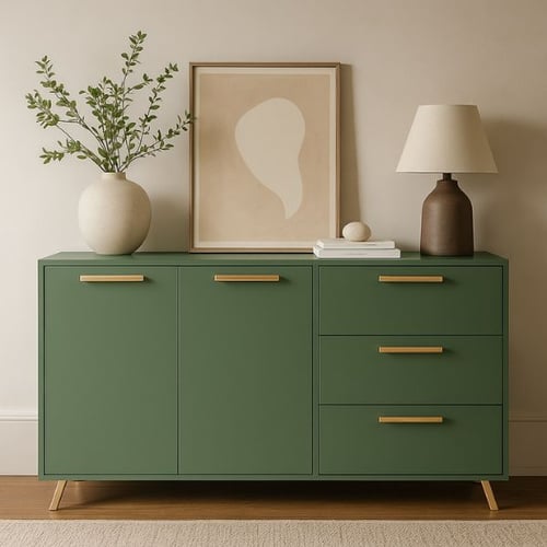 Modern way to dress a sideboard with minimal art, ceramic decor, and a neutral table lamp