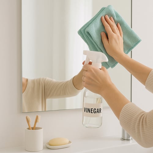 Person demonstrating how to clean a mirror naturally using a homemade vinegar spray and a microfiber cloth, with bathroom essentials like soap and toothbrushes on the sink.