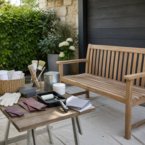 Tools and supplies laid out next to a wooden bench on a patio, showing preparation steps for how to paint garden furniture.