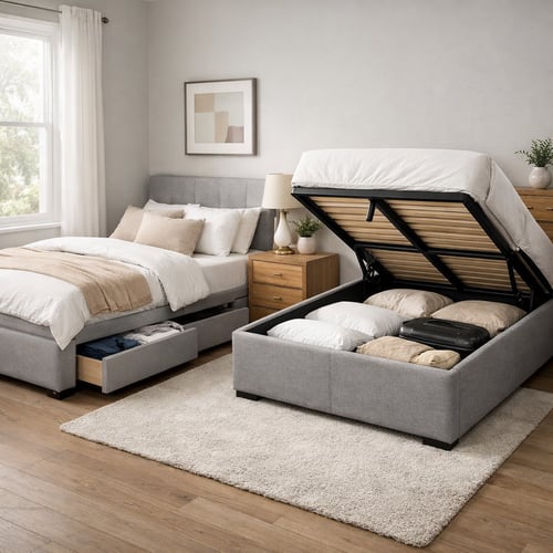 Small bedroom wardrobe ideas shown with a grey ottoman bed and a drawer-storage bed, both providing clever space-saving solutions for compact rooms.