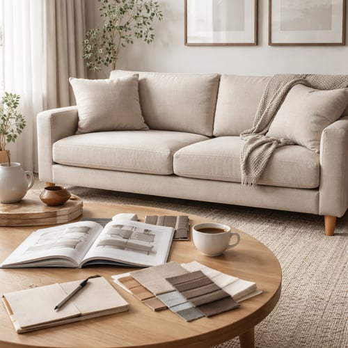 Neutral-toned living room featuring a beige fabric sofa with wooden legs, styled with cosy cushions and a throw, with a round coffee table displaying fabric swatches, an open furniture catalogue, and a coffee cup — ideal scene for a sofa buying guide.