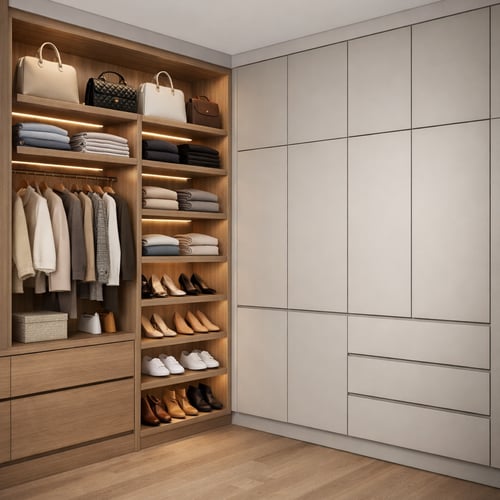 Modern walk-in wardrobe with illuminated open shelves for clothes, shoes and handbags, providing stylish walk in wardrobe ideas for contemporary homes.