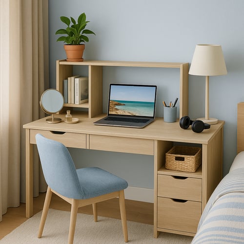 Minimalist home office with ergonomic black chair, oak desk and computer monitor showing a graph – a practical workspace setup inspired by modern desk ideas.