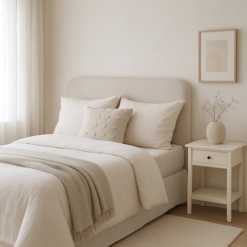 Serene minimalist bedroom with soft cream bedding, a small nightstand and sheer curtains – simple and elegant relaxing bedroom idea for a peaceful sleep space.