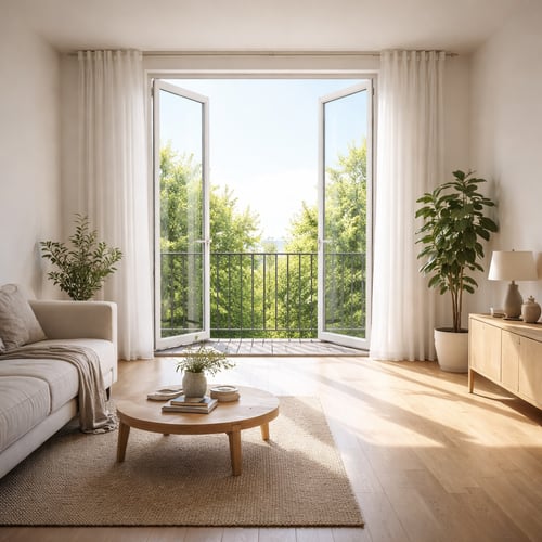 What is a Juliet balcony – interior view of open French doors with a safety railing outside, showing a classic Juliet balcony design.