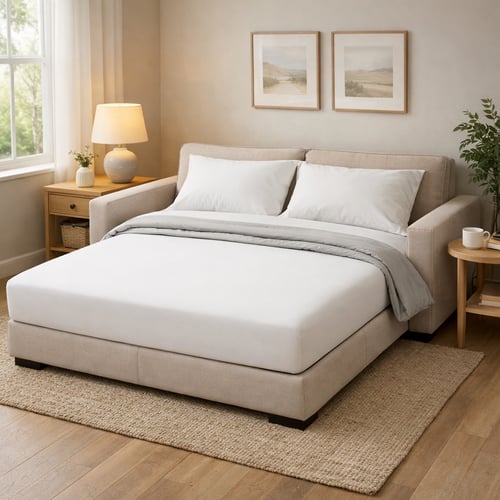 A beige two-seater sofa bed with white bedding and grey blanket, unfolded in a bright UK bedroom with light wood furniture – best sofa beds UK for comfort and compact living.