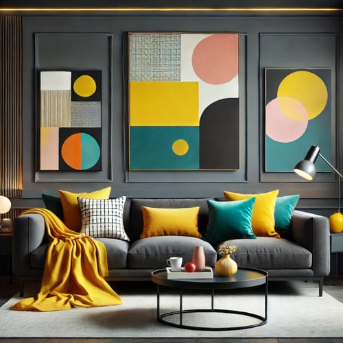 A vibrant living room illustrating what colours go with a grey sofa, with bold accents in lemonade yellow, mustard yellow, teal, and blush pink. A dark grey sofa is styled with colourful cushions, a cozy throw, and abstract artwork, adding energy and personality to the space.