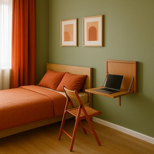 Small bedroom with a compact fold-out wall desk and laptop next to a single bed in burnt orange tones – a clever example of space-saving bedroom layout ideas with desk.