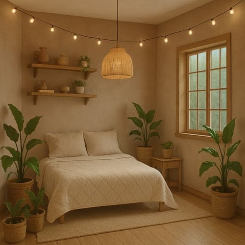 Minimal Boho Bedroom with Plants and String Lights