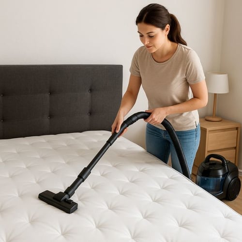 Woman vacuuming a mattress – step in how to clean a mattress and remove dust mites
