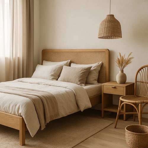 Neutral-toned bedroom featuring a rattan headboard, soft layered bedding, and natural textures – a calming boho-inspired approach to relaxing bedroom ideas.