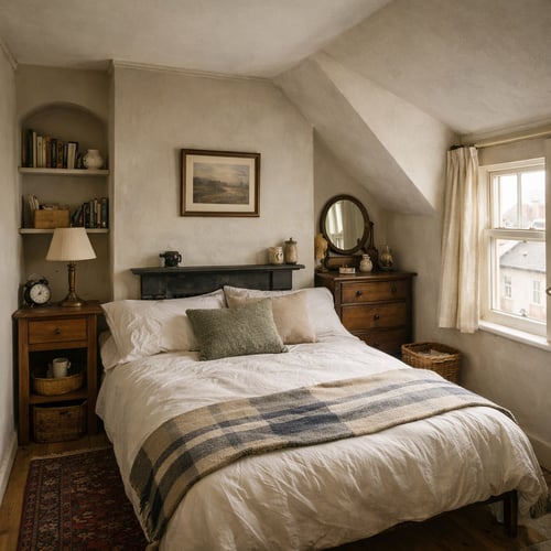 A cosy British bedroom in a cottage-style interior with a double bed under a slanted ceiling, showing a classic frame and bedding – ideal example when learning how to measure a bed in a small space.