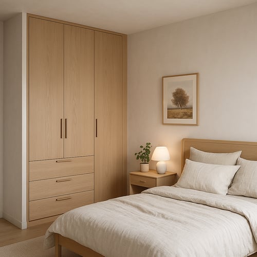 Light and minimalistic bedroom with fitted wooden wardrobe and matching bed, illustrating modern bedroom furniture ideas in a Scandinavian-inspired style.
