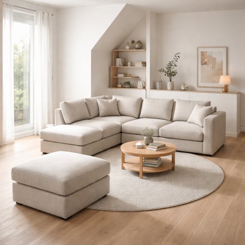 Spacious living room with a light beige modular sofa, round wooden coffee table and a matching ottoman on a circular rug – best modular sofas for a minimalist interior.